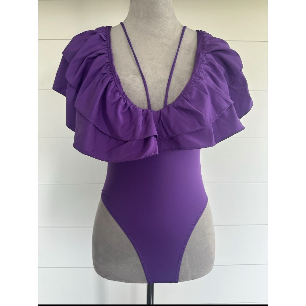 ZARA NWT Fashion Maxi Ruffle V Neck Purple Swimsuit Size S - Picture 3 of 8